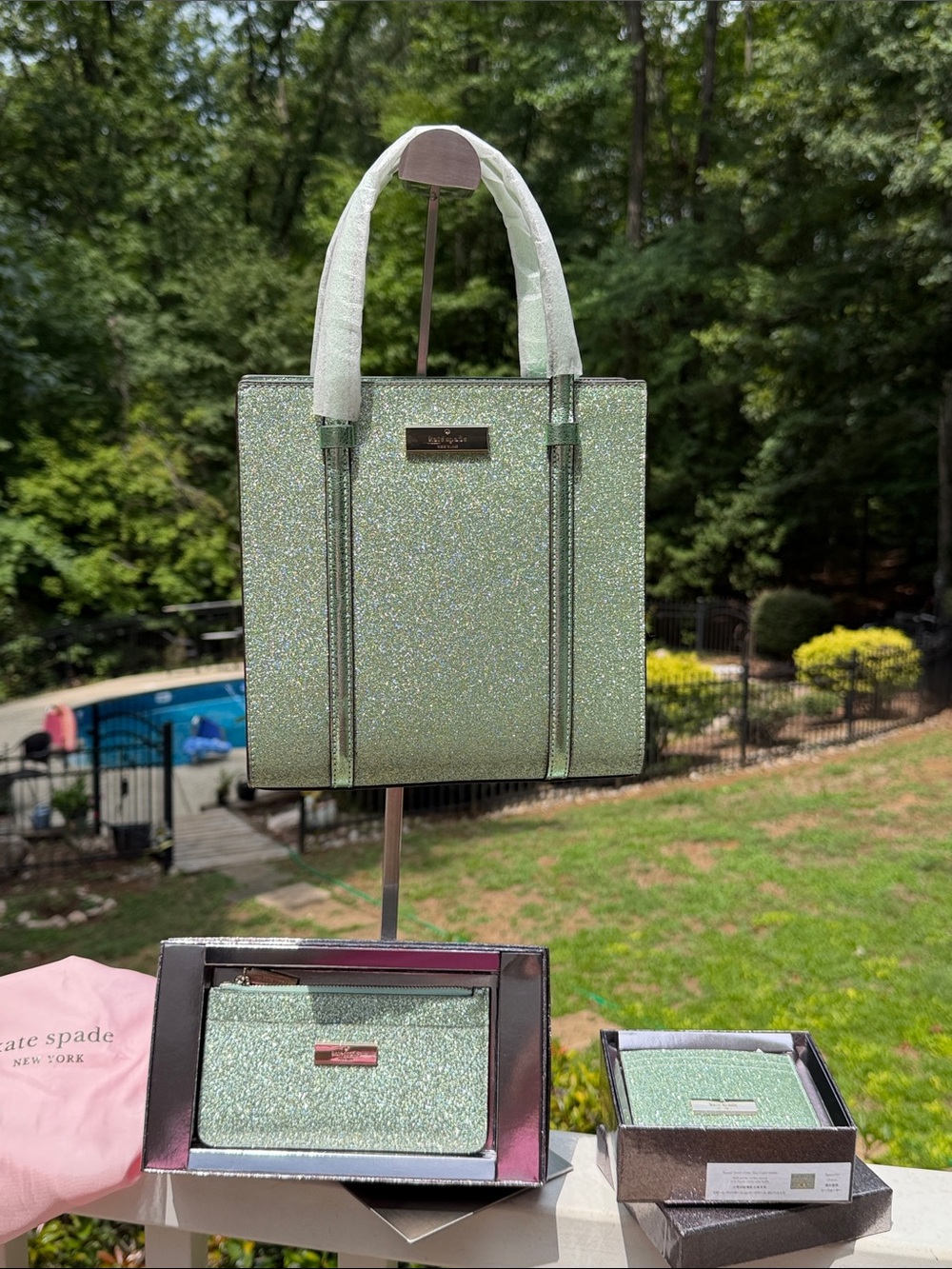 Kate Spade NWT Mini Tote Green Gold Glitter Bag, Wallet, Card Case Retail$580